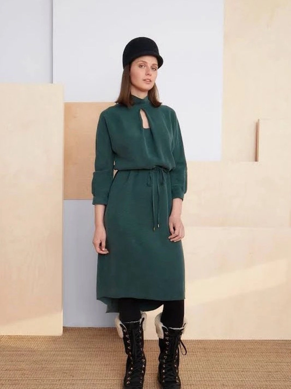 Forest Green Drawstring Waist Long Sleeve Dress